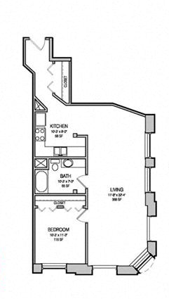 Floor plan for 1 bed, 1 bath, 753 sqft